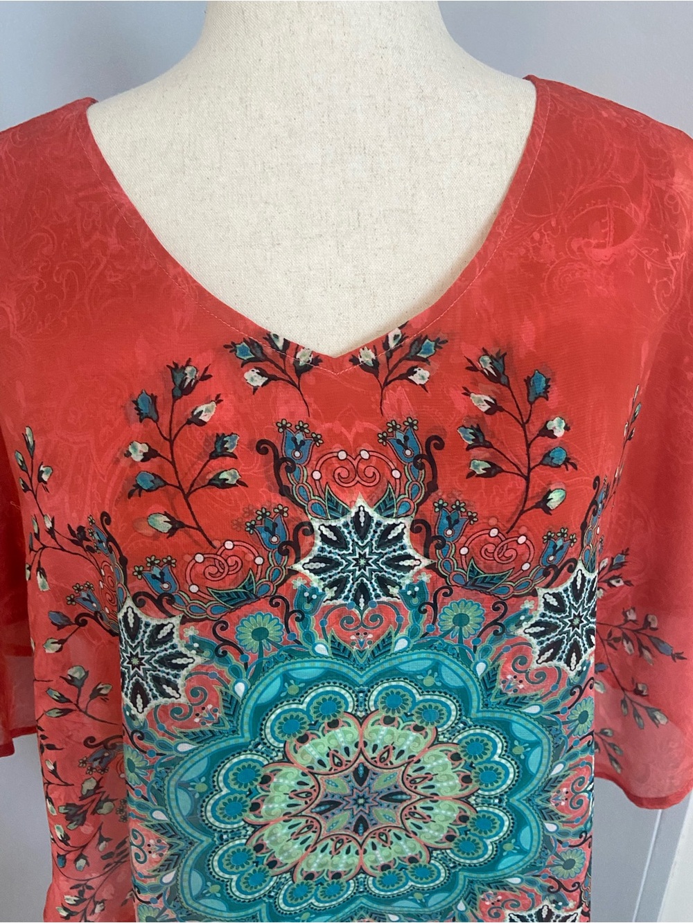 Masseys women’s Coral Tunic with kaftan teal Medallion Print with inner L EUC - Picture 9 of 16